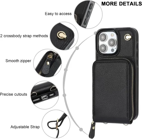 Miniatura 5 de KIHUWEY Funda tipo cartera cruzada para iPhone 15 Pro Max, funda con bolsillo con cremallera y soporte para tarjetas, funda protectora de piel Negro