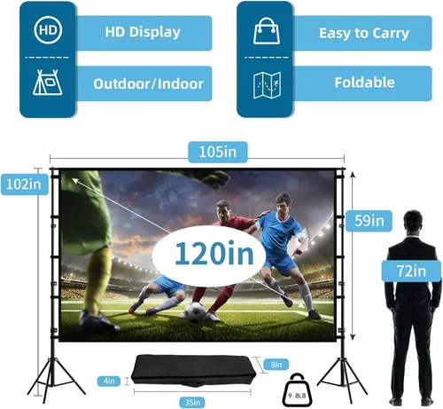 Miniatura 4 de TOWOND - Pantalla de proyección y soporte de 120 pulgadas, pantalla de proyección al aire libre, pantalla de película plegable portátil de 16:9 4K