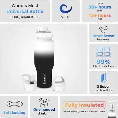 Miniatura 4 de La Botella de Agua Deportiva Más Fría - Tapas 3 en 1 (Chug, Pajita, Asa) - Vaso Termo Aislado de Acero Inoxidable con Asa - Taza de Agua al Vacío