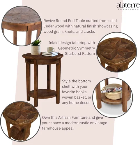 Miniatura 4 de Alaterre Furniture Revive - Mesa auxiliar redonda de 20 pulgadas con estante inferior para almacenamiento y personajes de madera únicos, muebles