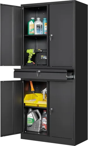 SISESOL Armario de almacenamiento de metal con cajón y cerradura, gabinete de almacenamiento de metal negro con puertas de bloqueo y estantes