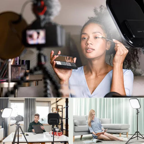 Miniatura 6 de Paquete de 2 luces LED de video, luz de estudio de 15 W, temperatura de color de 2500-8500 K con soporte de trípode y soporte para teléfono