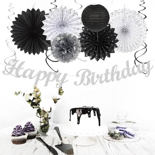 Miniatura 7 de Decoración de fiesta de cumpleaños negro blanco plateado - 21 piezas, pancarta feliz para niños y hombres, banderines de papel, linternas de panal