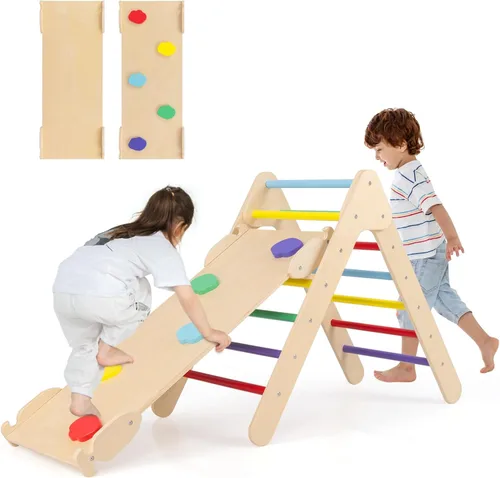 Miniatura 13 de Olakids Conjunto Triángulo Pikler 2 en 1 Juguetes de Escalada para Niños Pequeños Marco de Escalada Plegable de Madera Montessori Gimnasio de Selva