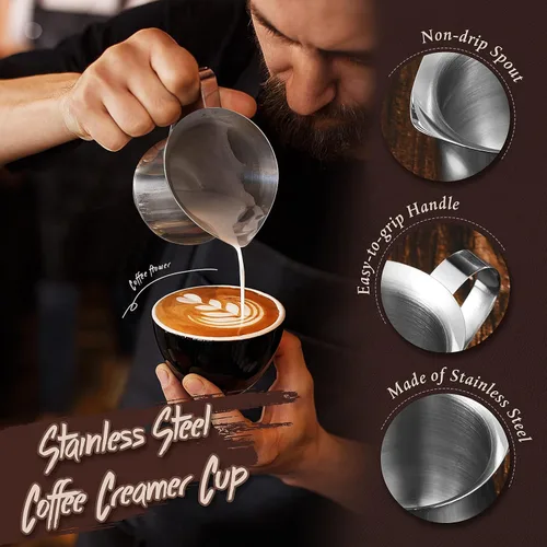Miniatura 3 de Potchen Paquete de 6 cremas de campana de acero inoxidable de 3 onzas, mini jarras de leche para café con mango y tazas de boquilla para servir