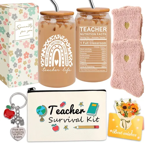 8 PCS Mejor Juego de Regalo para Profesoras 16oz Vaso de Café de Vidrio con Tapa y Pajita, Calcetines Acolchados, Bolsa de Regalo, Llavero y Tarjeta