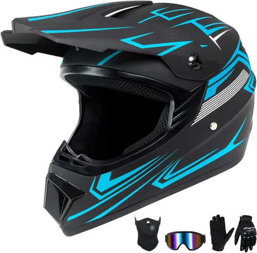 Miniatura 11 de Casco de motocross para niños jóvenes, casco de motocicleta todoterreno con (gafas, guantes, máscara), juego de 4 piezas, casco de cara completa