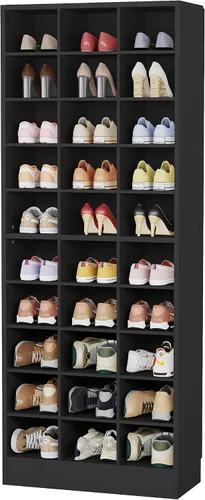 Miniatura 9 de Tribesigns Armario de almacenamiento de zapatos de 10 niveles, zapatero de madera negro con 30 cubículos, organizador de zapatos alto independiente
