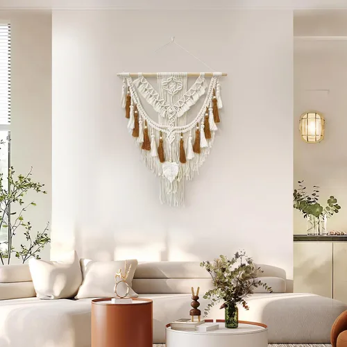 Miniatura 7 de lokeisna Macramé para colgar en la pared, tapiz tejido beige y rosa polvoriento, hecho a mano, decoración de pared de macramé, galería y guardería