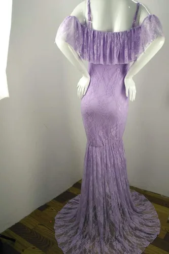 Miniatura 6 de HIHCBF Vestido de sirena de maternidad de encaje para mujer, hombros descubiertos, volantes, tirantes delgados, ajustado, para sesión de fotos