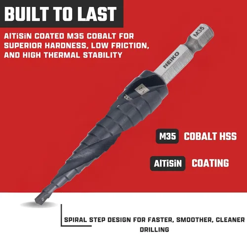 Miniatura 3 de NEIKO 10602B Step Drill Bit, 13 Steps 1/8" to 1/2" Spiral M35 Cobalt, AlTiSiN Coated, 1/4" Quick Change Step Bits for Steel, Metal, Wood, Plastic