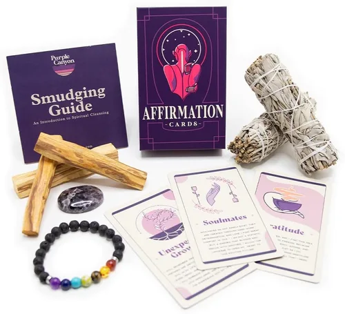 Purple Canyon Kit de Meditación de Afirmación con Kit de Sahumerio de Salvia Blanca y Tarjetas de Afirmación para Atención Plena y Alivio del Estrés