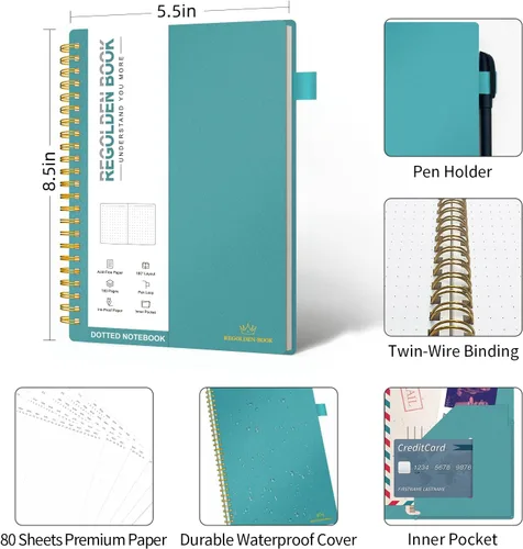 Miniatura 6 de Regolden-Book Cuaderno de puntos en espiral sin fecha, cuaderno mediano de cuadrícula A5, cuaderno de espiral grueso con soporte para bolígrafo, 160