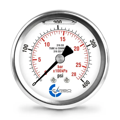 Miniatura 18 de Medidor de presión relleno de líquido de 300 PSI, dial de 2.5 pulgadas, montaje trasero 1/4 NPT, estuche 316 SS, 316 piezas mojadas SS, PSI/barra