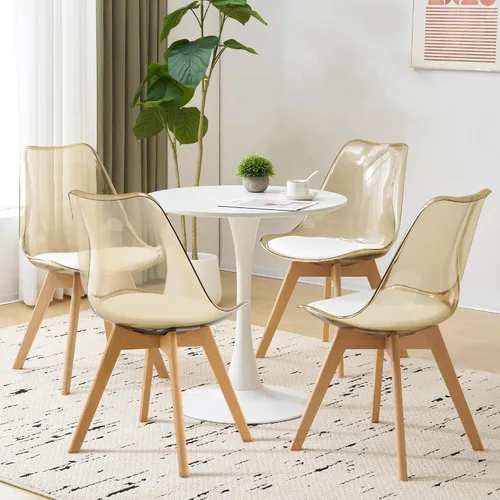 Miniatura 5 de Juego de 2 sillas de comedor transparentes, modernas sillas de comedor de acrílico con cojines de piel sintética y patas de madera, sillas laterales