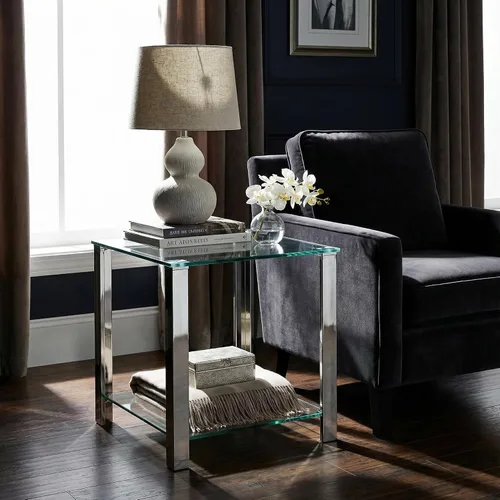 Miniatura 3 de Cortesi Home Melissa - Mesa auxiliar de cristal con doble estante, 20 pulgadas, color plateado