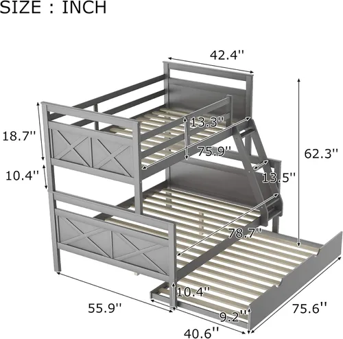 Miniatura 2 de Merax Litera individual sobre cama matrimonial con escalera, cama nido tamaño individual, barandilla de seguridad, gris con nido