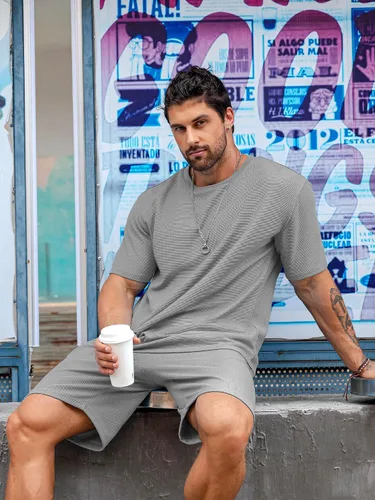 Miniatura 3 de Babioboa Conjunto de camiseta y pantalones cortos de manga corta para hombre, 2 bolsillos, de gran tamaño, de dos piezas, casual, uso diario