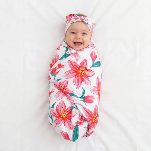 Miniatura 5 de Moukeren 4 juegos de mantas para bebé recién nacido, con diademas para recién nacido, con estampado floral, manta para bebé, saco de dormir