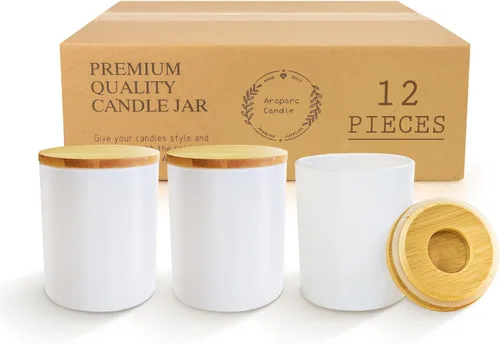 Aroparc Paquete de 12 tarros de vela blancos de 10 onzas con tapas de bambú, recipientes para velas para hacer velas, recuerdos de boda y líneas de