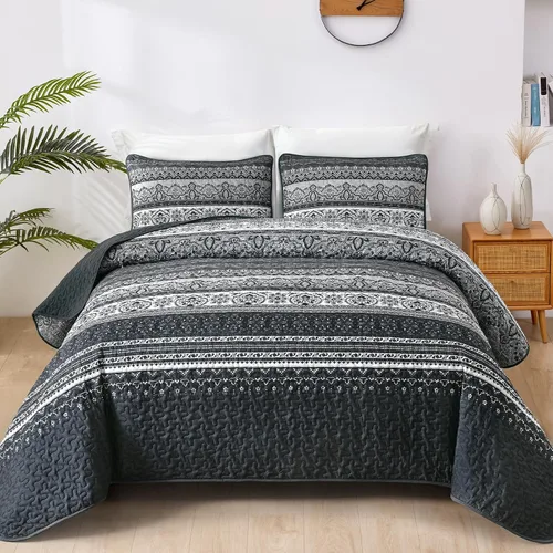 WONGS BEDDING Juego de edredón bohemio tamaño Queen, juego de ropa de cama bohemio negro, colcha ligera para decoración de cama para todas las
