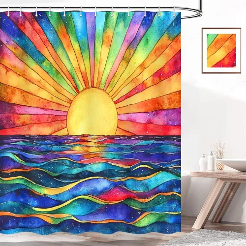 Cortinas de ducha bohemias para baño, cortina de ducha retro abstracta colorida, moderna, geométrica, amanecer, atardecer, océano, olas del mar,