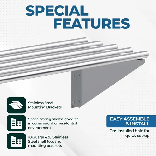 Miniatura 3 de Estante tubular de pared de acero inoxidable de alta calidad, 14 pulgadas de profundidad x 48 pulgadas de largo, certificado NSF, estante de pared