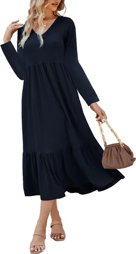 Miniatura 3 de Paintcolors Vestido largo casual de manga larga con cuello en V para mujer, vestido escalonado, color sólido, holgado, con vuelo, vestido midi
