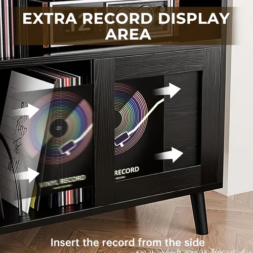 Miniatura 4 de Soporte XL para tocadiscos con puertas corredizas, gabinete de almacenamiento de discos de vinilo con estación de carga y puertos USB, mesa moderna
