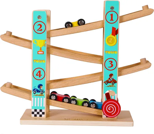 Miniatura 8 de Juguete de pista de carreras de rampa de madera para automóvil, juego de autos para niños, 4 unidades de autos de repuesto, vehículos de pista