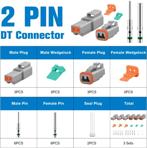 Miniatura 3 de Nilight Kit de conectores DT de 2 pines, 3 juegos de tamaño 16 contactos sólidos, terminal macho hembra impermeable para conectores de la serie DT