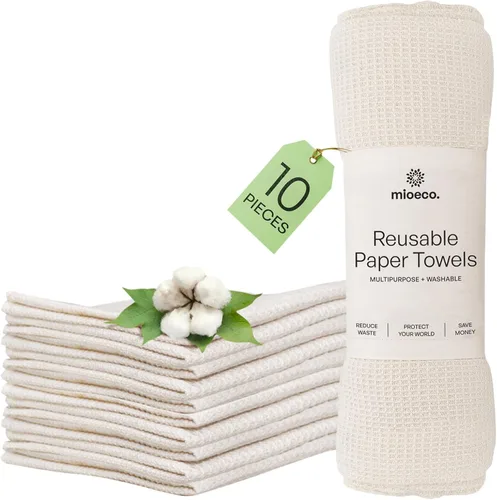 mioeco Paquete de 10 toallas de cocina sin papel lavables, toallas de papel natural superabsorbentes, algodón natural, reutilizables, sin papel,