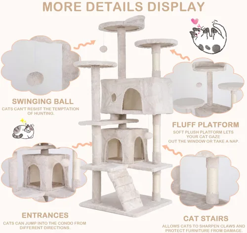 Miniatura 4 de Go Pet Club - Árbol para gatos de varios niveles de 54 pulgadas de alto con 3 postes rascadores, 3 plataformas, 2 condominios, juguetes, diseño