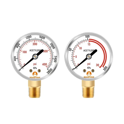 Manómetros de baja y alta presión para regulador de acetileno 0-30 psi y 0-400psi - 2 pulgadas - 1/4" NPT rosca