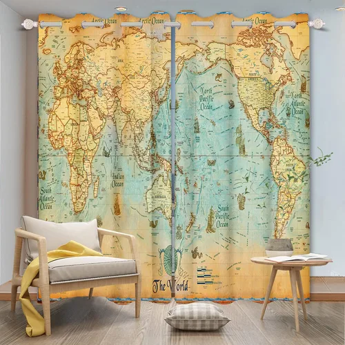 Miniatura 3 de Renaiss Juego de 2 paneles de cortinas para ventana de mapa del mundo de 29 x 45 pulgadas, diseño nostálgico de mapa de geografía