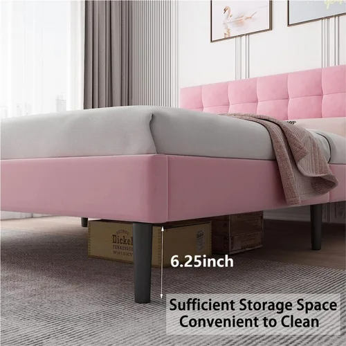 Miniatura 4 de Lijimei Base de cama de tamaño matrimonial con cabecero, base de cama tapizada con soporte de listones de madera y cabecera de plataforma, base