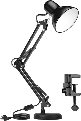 AmeriTop Lámpara de escritorio de metal, negro, brazo ajustable, extensión de 18 pulgadas, listado UL