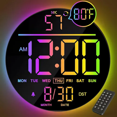 JALL Reloj de pared digital grande de 10" con segundos, temporizador de cuenta regresiva de alarma, pantalla LED grande, color RGB, horario de