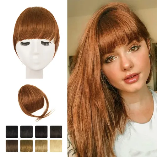 Miniatura 12 de BARSDAR Flequillo postizo de pelo humano real - Flequillo postizo 100% pelo humano para mujeres - Extensiones de flequillo ondulado castaño rojizo