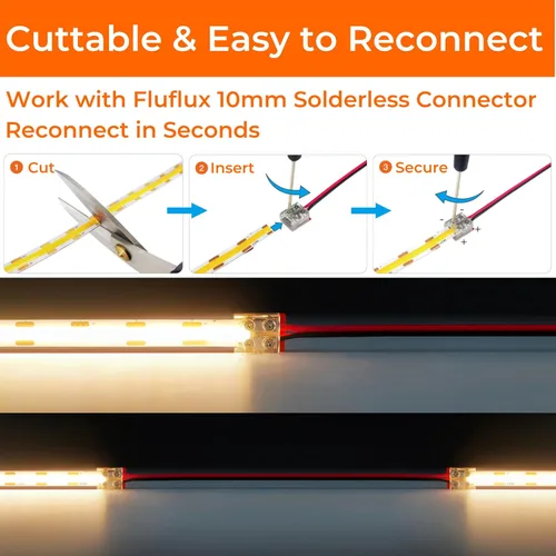 Miniatura 5 de Tiras de luces LED COB Candlelight de 2400 K, 5 W/FT, 16.4 pies, 24 V, cinta LED con respaldo VHB 3M, CRI 95, certificación UL, cortable, regulable