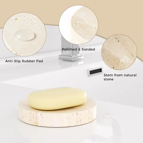 Miniatura 2 de Jaboneras de Mármol de Piedra Travertino Natural Soporte de Esponja para Baño, Bañera, Ducha, Fregadero de Cocina, Caja de Jabón Redonda Artesanal