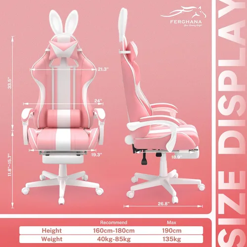 Miniatura 3 de Ferghana Kawaii Bunny Ears - Silla de juegos con reposapiés y masaje, silla ergonómica de cuero para juegos de computadora para niñas, adultos, Rosa