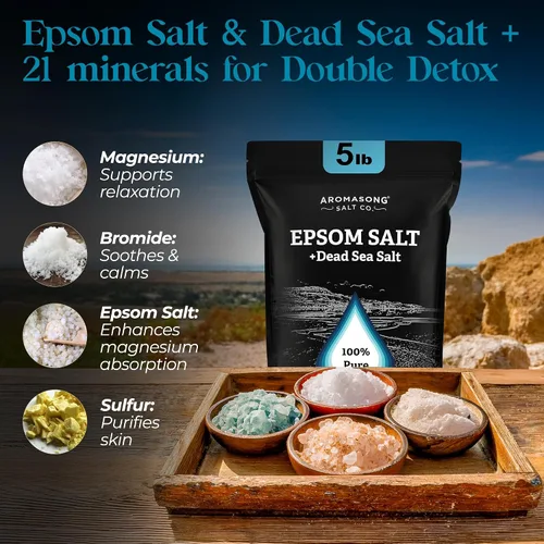 Miniatura 7 de Aromasong Sal de Epsom con sal del mar muerto para remojo, 5 libras a granel, sal de baño 100% pura, remojo para pies y músculos