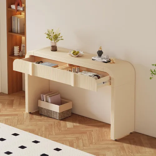 Miniatura 7 de Knocbel Mesa consola con 2 cajones ranurados, mesas de sofá modernas con curvas redondeadas únicas y superficie lisa para sala de estar, entrada, 55