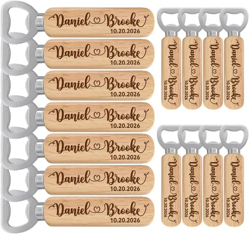 Regalos de boda personalizados para invitados, juego de abrebotellas de madera con el nombre personalizado de la pareja y la fecha de la boda,
