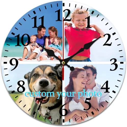 Reloj de pared personalizado, reloj personalizado con texto de 4 imágenes, reloj de fotos silencioso redondo personalizado de PVC, regalos