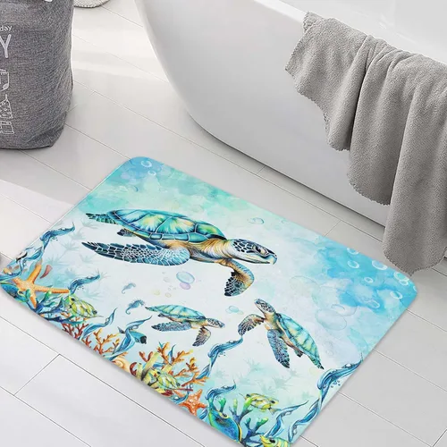 Miniatura 8 de MERCHR Alfombras de baño con diseño de tortuga marina de acuarela, color azul, animales marinos náuticos, alfombras de baño subacuáticas, bonitas