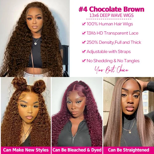 Miniatura 4 de CHEETAHBEAUTY Pelucas de cabello humano brasileño ondulado profundo #4 marrón chocolate 13X6 HD de encaje frontal transparente grado 10A rizado