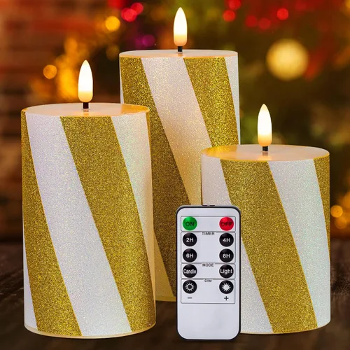 Miniatura 12 de Velas parpadeantes de Navidad sin llama con rayas rojas con purpurina, pilar de cera real, velas eléctricas LED con temporizador remoto para Rayas