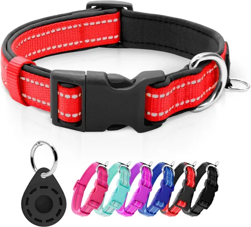 Miniatura 8 de azuza Collar reflectante para perro, de neopreno suave acolchado con anillo para etiqueta de identificación, ajustable para perros pequeños, azul